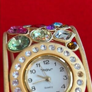 Vintage Estate Elegant Gold and Multicolor Crystal Cuff Watch